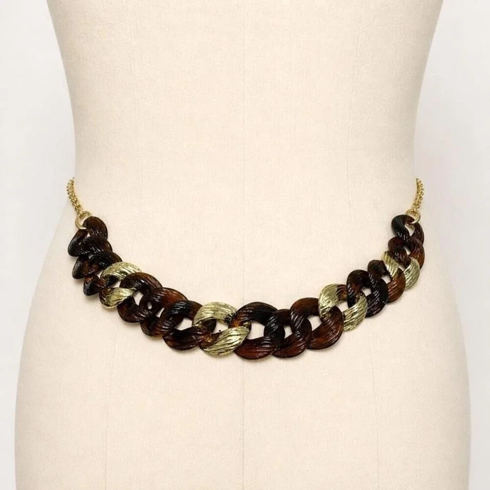 Vintage 80s 90s Tortoise Shell Chunky Link Chain Belt Gold Heart Charm 40